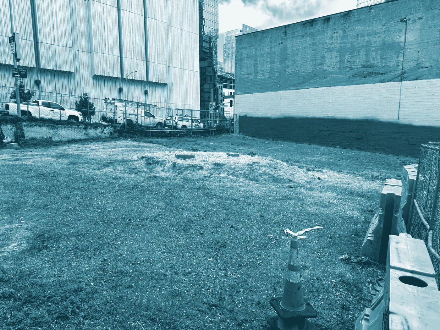 A vacant lot between two buildings