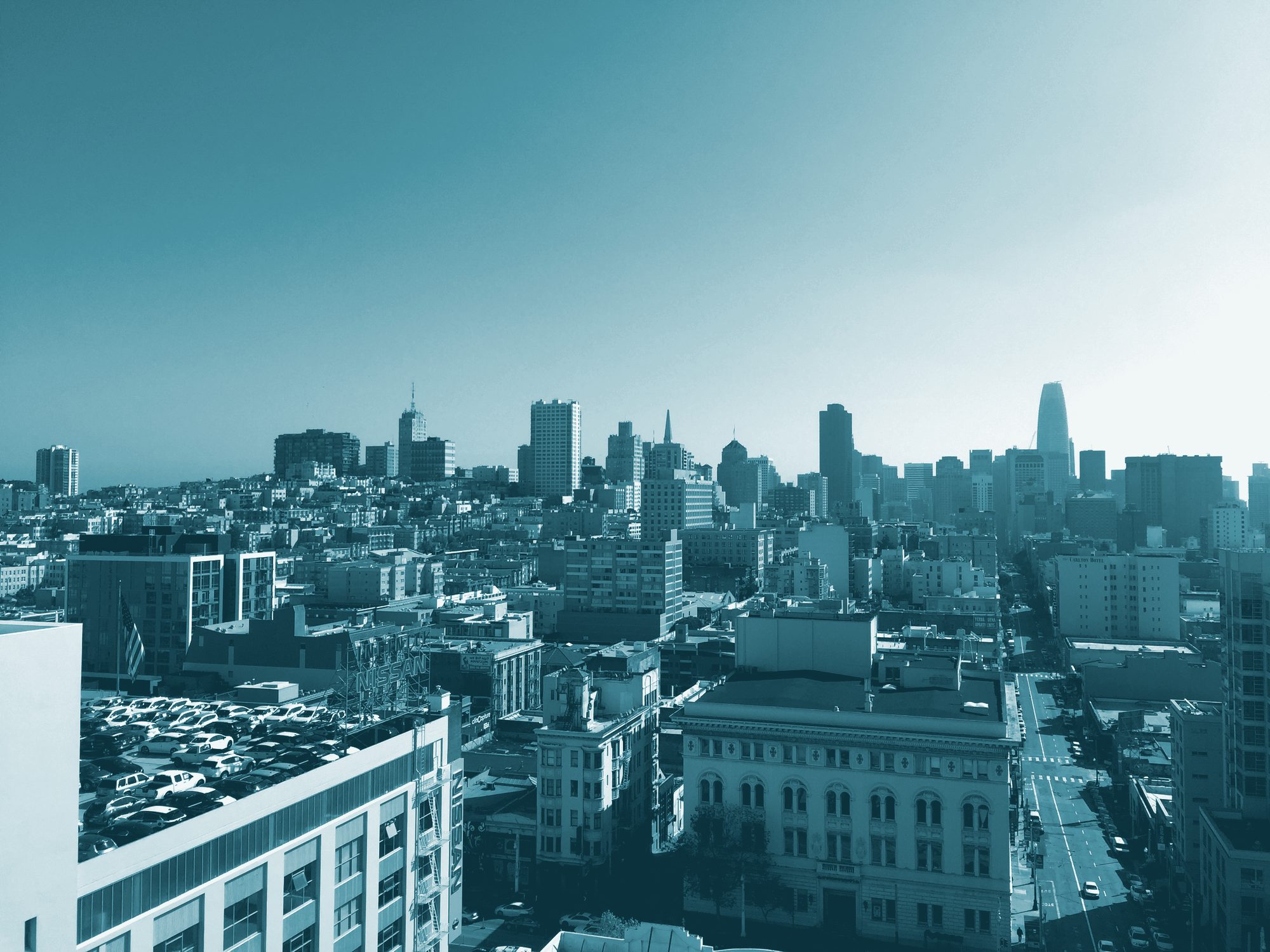 The San Francisco skyline from a rooftop